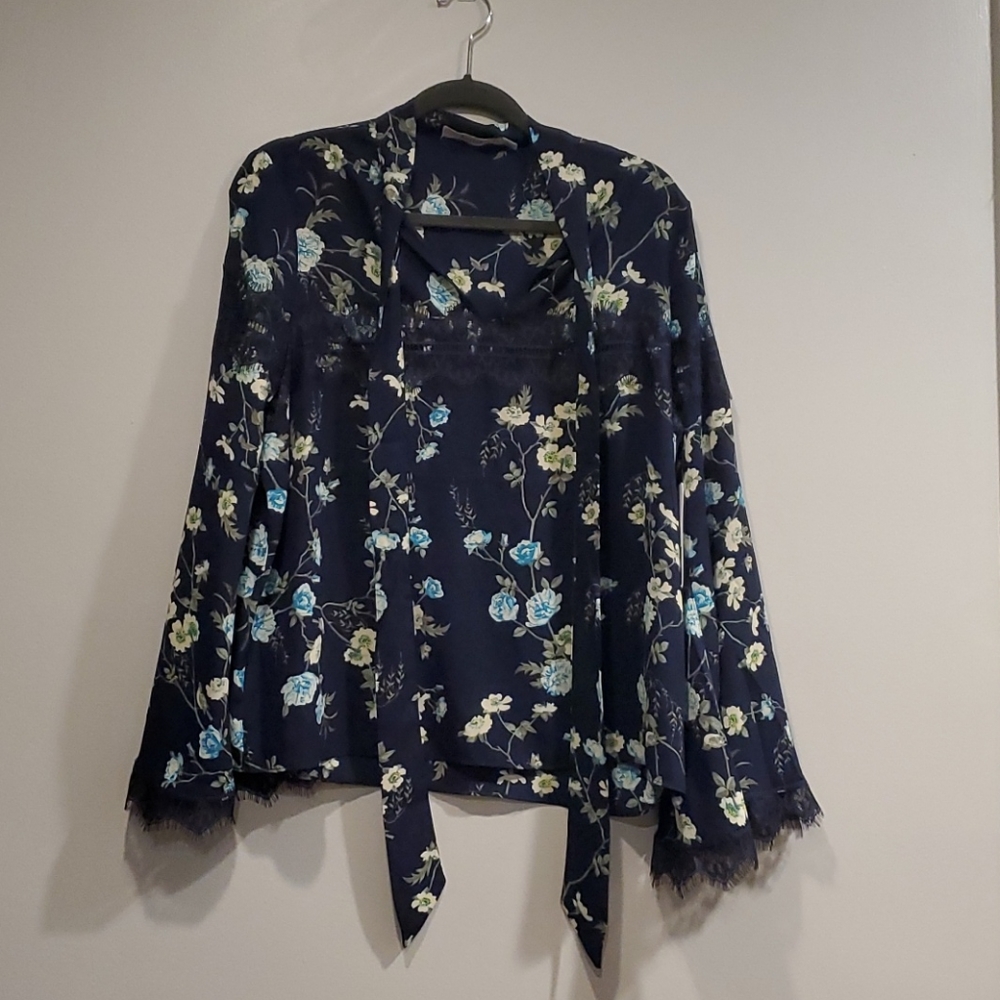 Navy floral blouse with lace